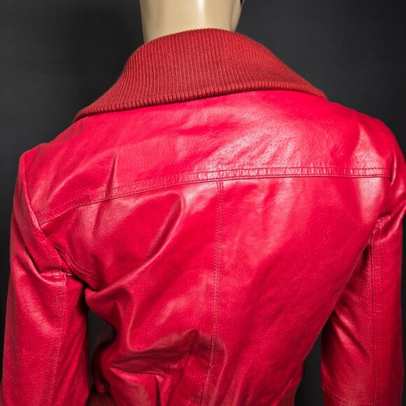 Y2K Red Leather Bomber Moto Jacket Size S Short Cropped Zip Up 2000s - Picture 10 of 12